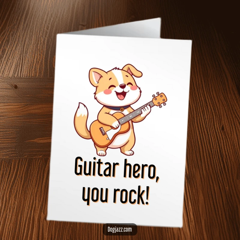 Funny Free Printable Congratulations Card: A happy dog with a wagging tail cheerfully strums a guitar, celebrating an accomplishment.