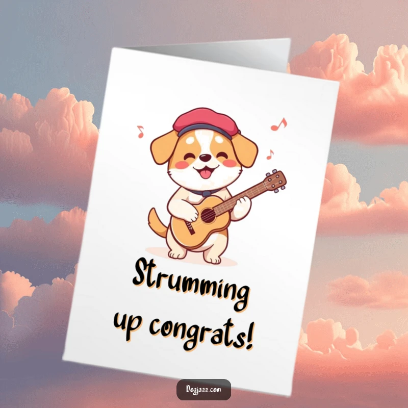 Funny Free Printable Congrats Card: Dog in beret playing guitar, celebrating a win, DIY greeting.