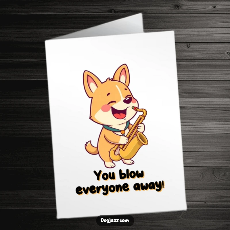 Funny Free Printable Congratulations Card: A grinning dog joyfully plays a saxophone, celebrating a happy occasion musically.