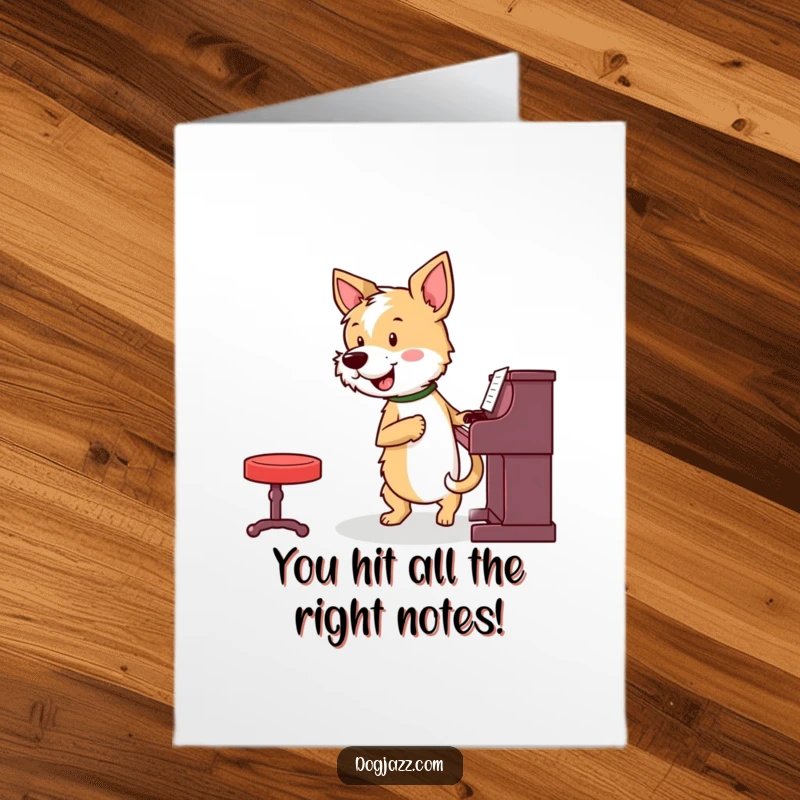 Funny Free Printable Congrats Card: Terrier plays a joyful piano piece with enthusiasm.