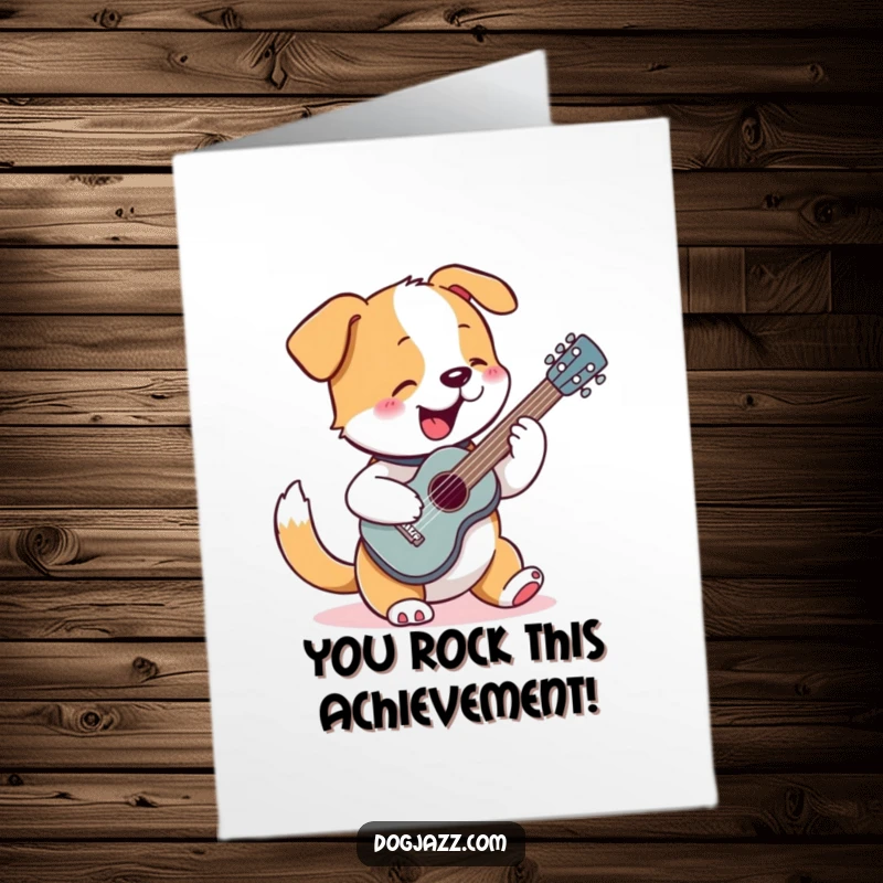 Funny Free Printable Congratulations Card: Dog rocks out on a tiny guitar, tail wagging, celebrating achievements.