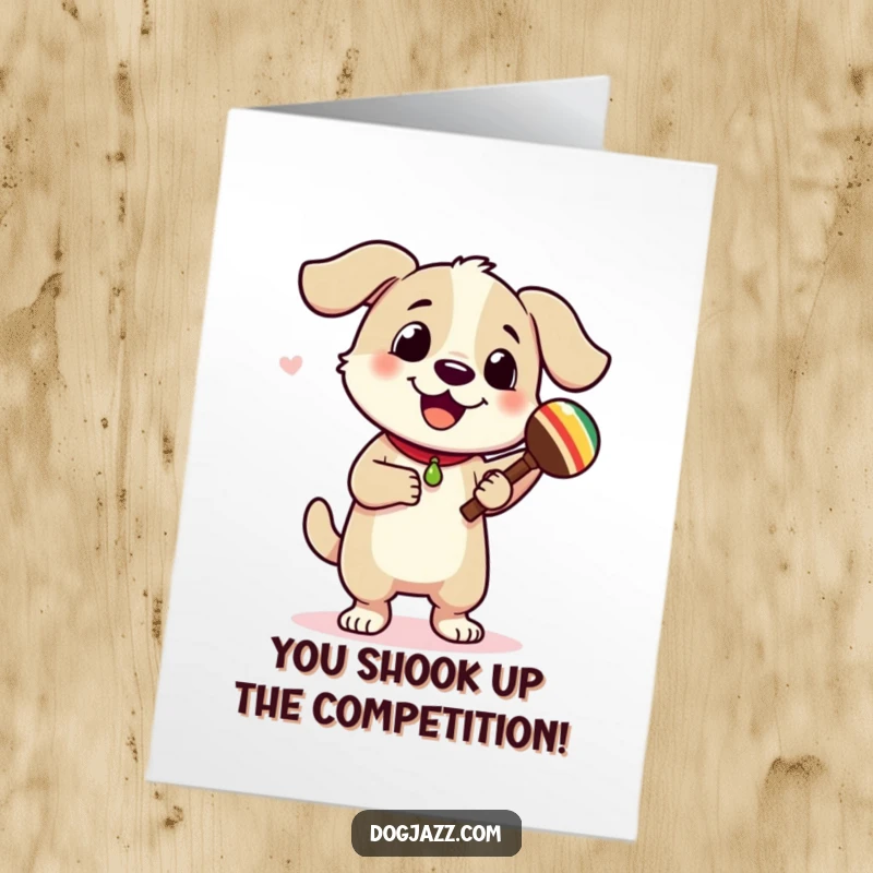 Funny Free Printable Congrats Card: A joyful dog dances with abandon, shaking maracas to cheer on a new success. Download and print!