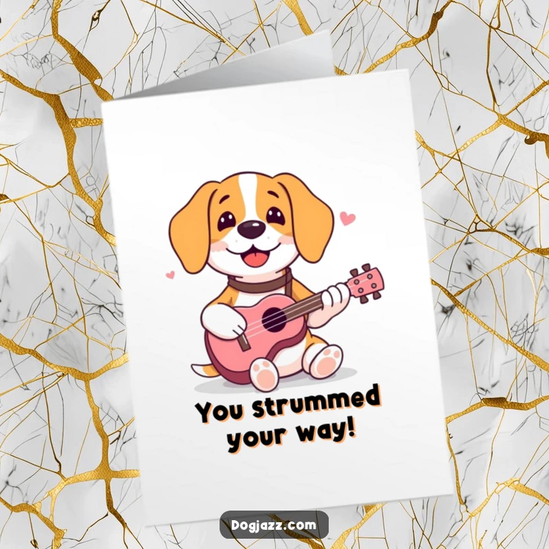 Funny Free Printable Congratulations Card: A happy beagle plays a ukulele, sending a musical serenade for their achievement.