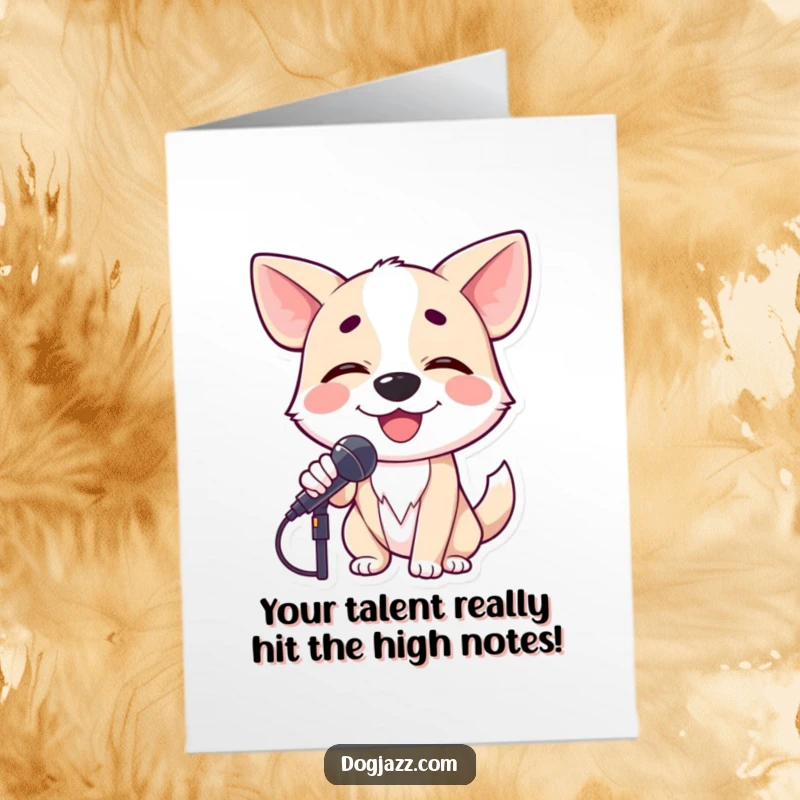 Funny Free Printable Congratulations Card: Smiling dog crooning into microphone with closed eyes, musical performance, celebratory downloadable greeting.
