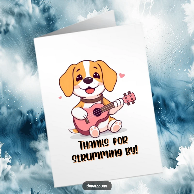 Funny Free Printable Thank You Card: A smiling beagle happily strums a ukulele, conveying warm thanks musically.