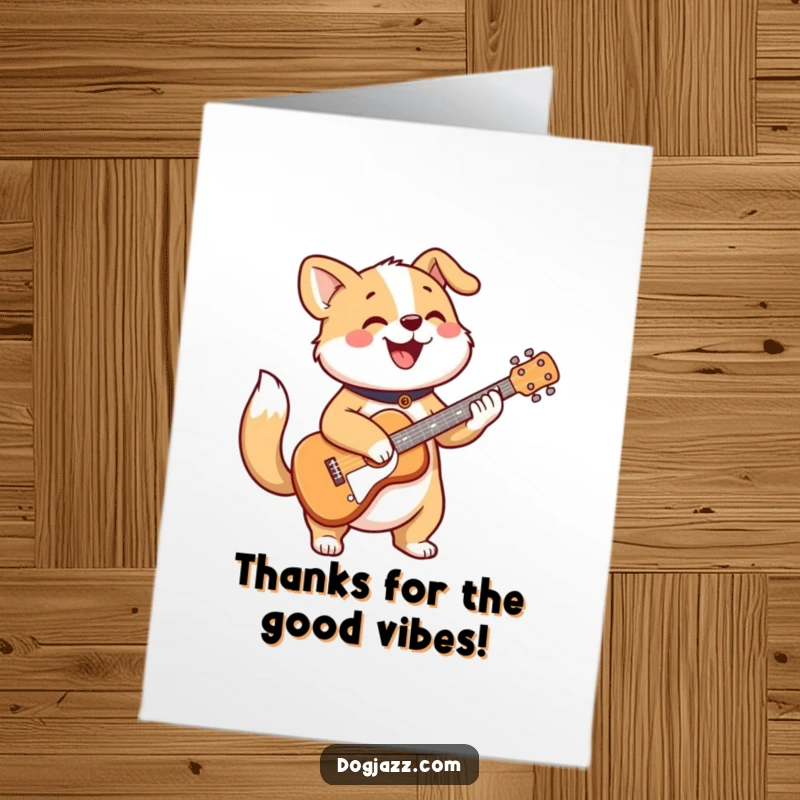 Funny Free Printable Thank You Card: A cheerful dog strums a guitar with its tail wagging, expressing thanks musically.