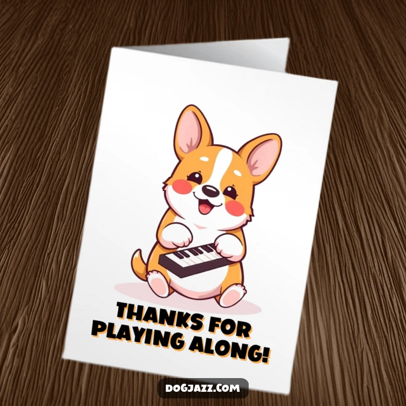 Funny Free Printable Thank You Card: A happy corgi energetically plays a piano, sending musical thanks with joy.