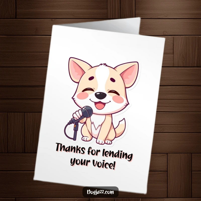 Funny Free Printable Thank You Card: Smiling dog crooning into microphone with closed eyes, musical expression of thanks, downloadable unique card.