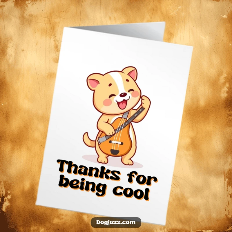Funny free printable thank you card depicting a happy dog playing a bass guitar, sending rhythmic gratitude.