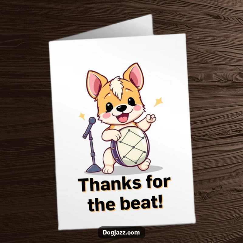 Funny Free Printable Thank You Card: Energetic terrier character tapping drumsticks, expressing thanks, DIY card.