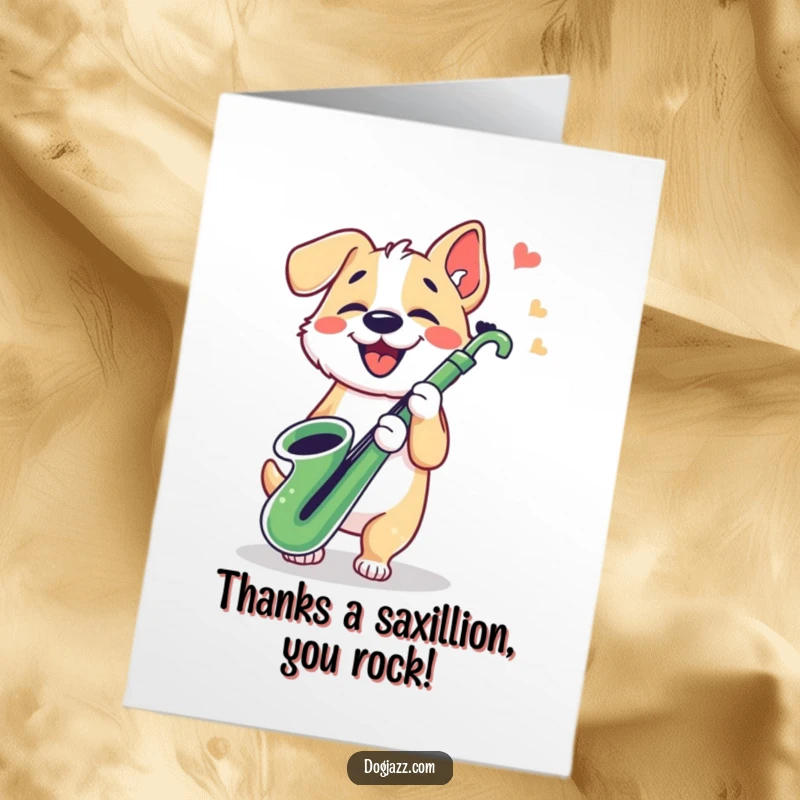 Funny Free Printable Thank You Card: Dog playing saxophone with paws tapping, musical expression of gratitude, downloadable unique card.