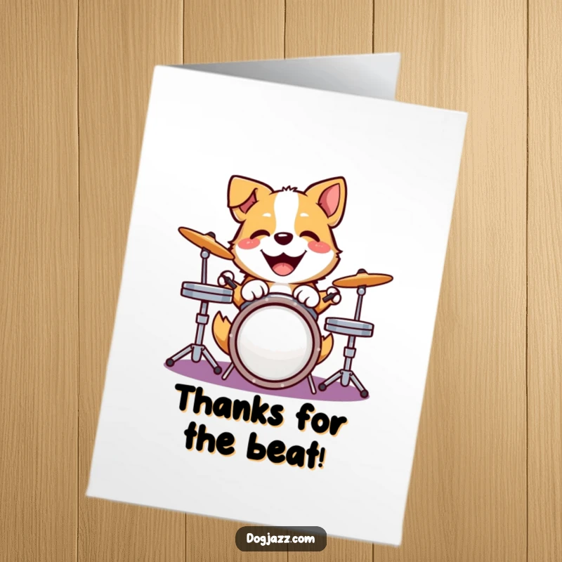 Funny Free Printable Thank You Card: A happy dog plays a drum kit with its paws, expressing thanks. Downloadable and musical.