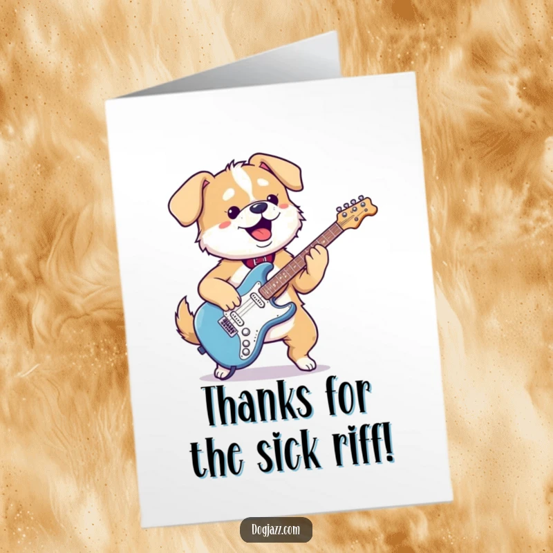Funny Free Printable Thank You Card: A kawaii dog shreds on an electric guitar, sending thanks. Downloadable and musical.