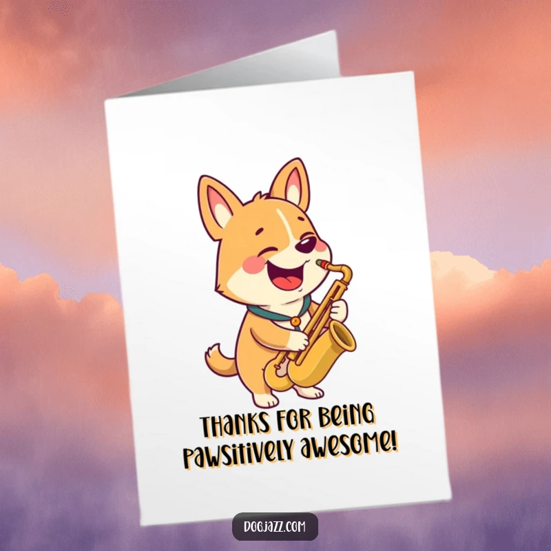 Funny Free Printable Thank You Card: A happy dog with a wide grin plays a saxophone, conveying thanks musically.