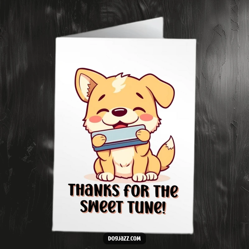 Funny Free Printable Thank You Card: A dog smiles while enthusiastically playing the harmonica, expressing thanks. Downloadable and sweet.