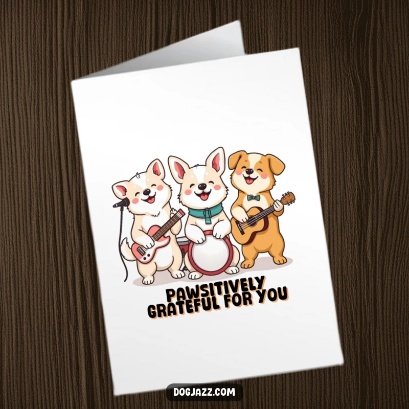 Funny free printable thank you card with a group of dogs joyfully jamming together on musical instruments.