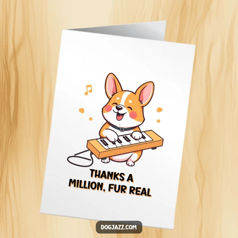 Funny Free Printable Corgi Thank You Card: A happy corgi composing a thank you note on a keyboard.