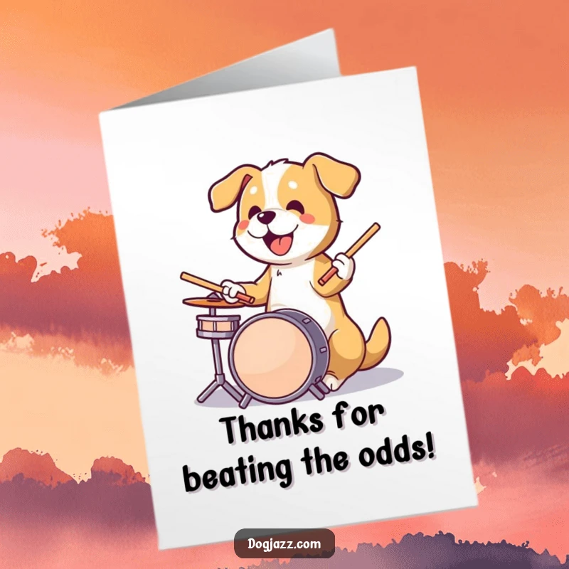 Funny Free Printable Thank You Card: Dog energetically playing drums with sticks in paws, musical expression of thanks, downloadable unique card.