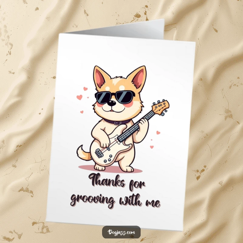 Funny Free Printable Thank You Card: A dog with cool sunglasses playing a jazz bass, exuding a relaxed and stylish thank you vibe.