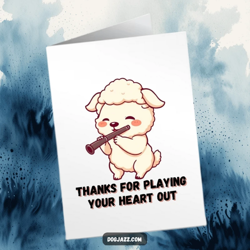 Funny Free Printable Thank You Card: A sheepdog character joyfully playing a clarinet, sending a musical thank you.