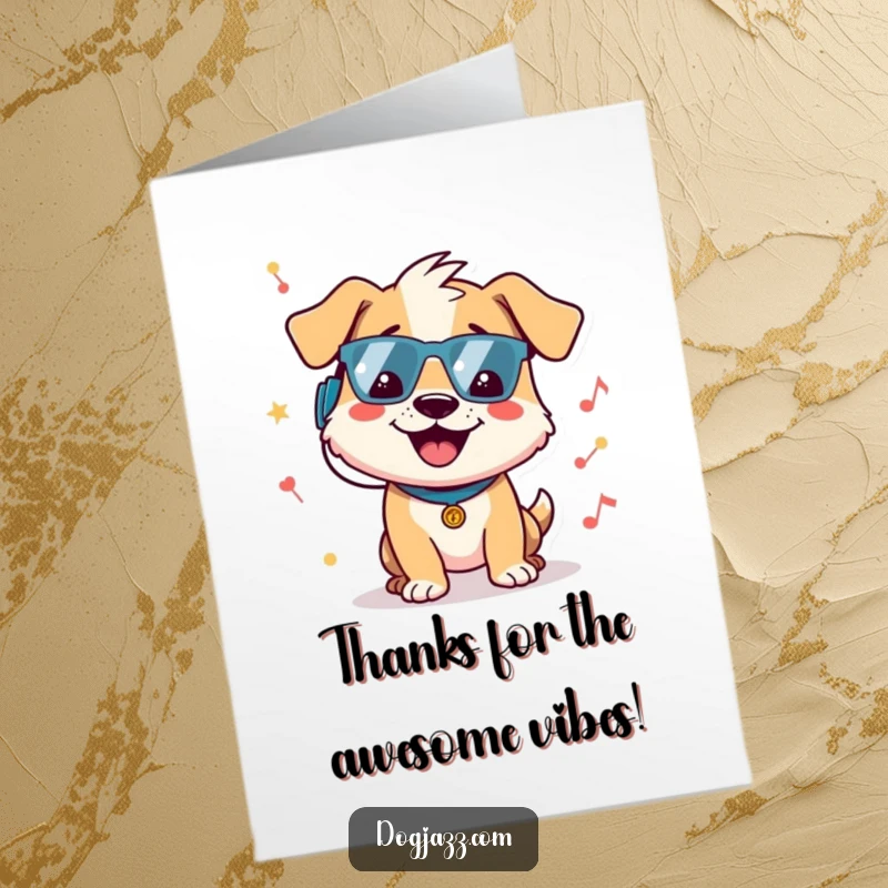 Funny Free Printable Thank You Card: Dog with headphones bopping head to music, expressing thanks, downloadable gift.