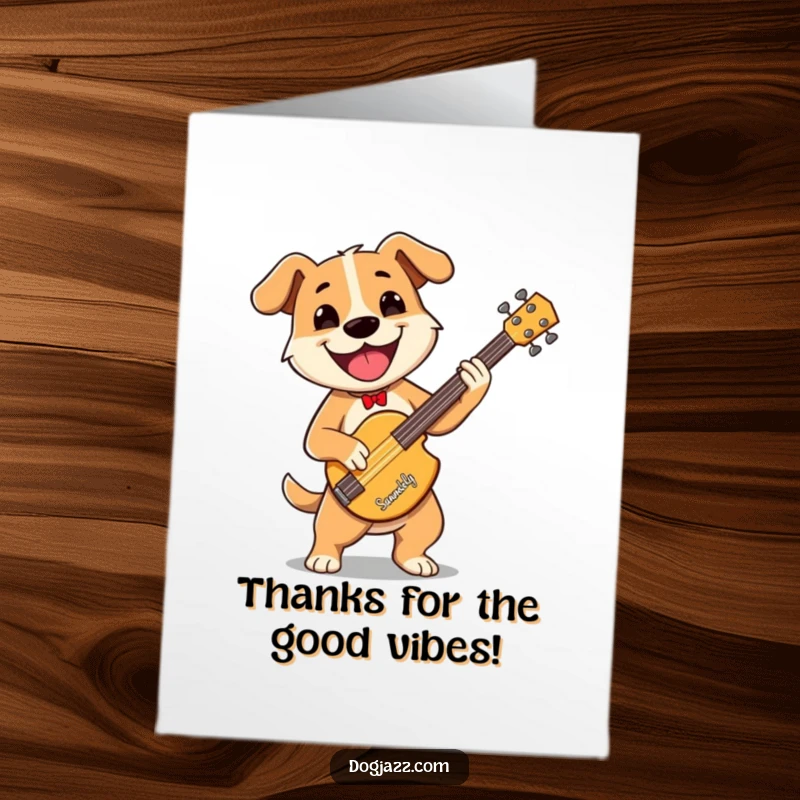 Funny Free Printable Thank You Card: A dog with a wide grin plays a stand-up bass, expressing thanks. Downloadable and groovy.