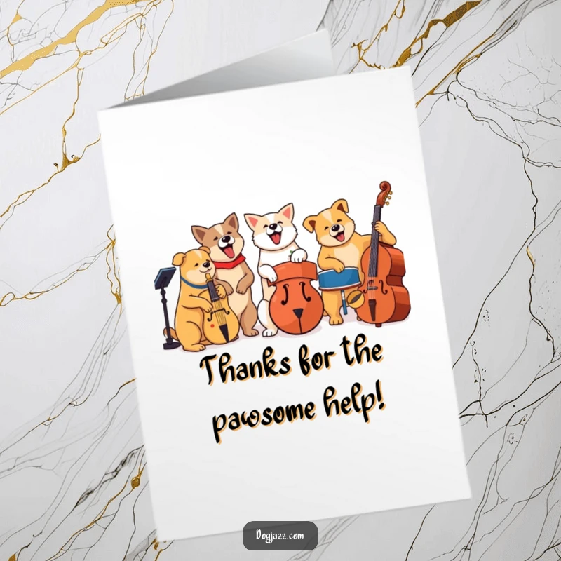 Funny Free Printable Thank You Card: A group of dogs playing jazz instruments in harmony, sending thanks musically.