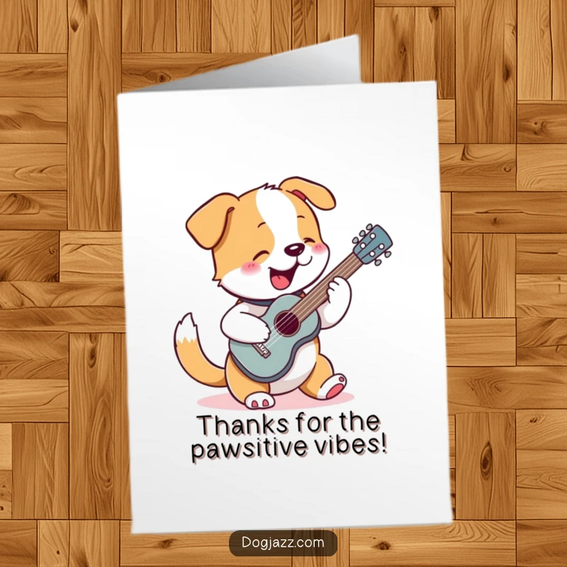 Funny Free Printable Thank You Card: Dog joyfully strums a small guitar, tail wagging, offering thanks.