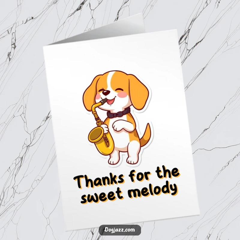 Funny Free Printable Thank You Card: Beagle plays saxophone with a grateful expression.