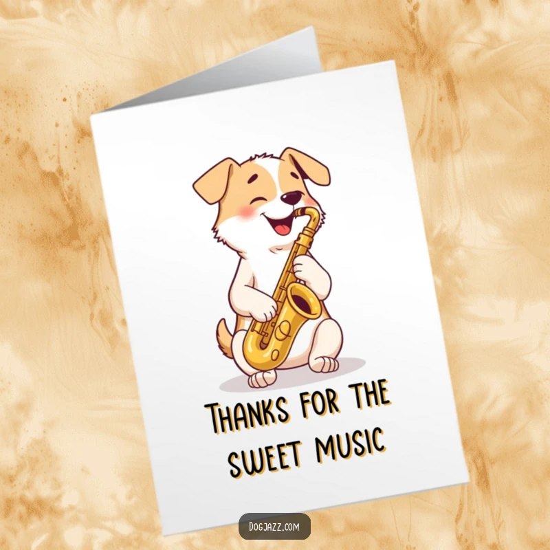 Funny Free Printable Thank You Card: A happy dog plays a tenor saxophone with crossed paws. Thanks!