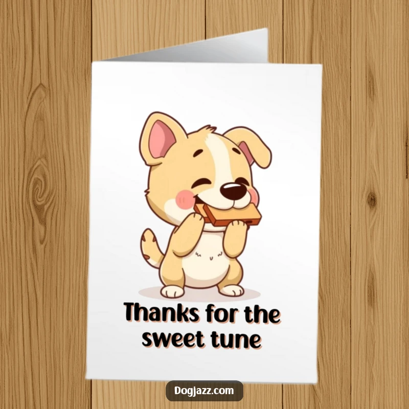 Funny Free Printable Thank You Card: A dog with its head bobbing, playing a harmonica expressively.