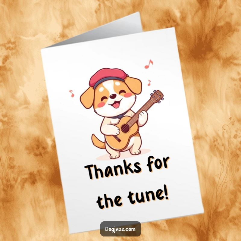 Funny Free Printable Thank You Card: Dog wearing a beret playing guitar, conveying thanks, DIY card.