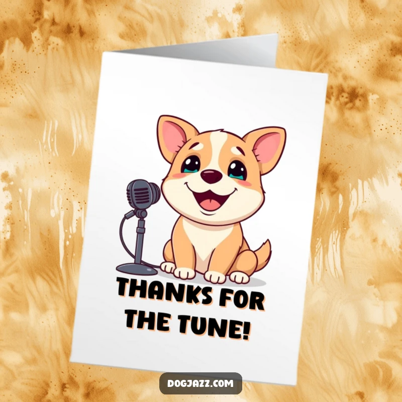 Funny Free Printable Thank You Card: A dog joyfully singing into a microphone, a musical expression of thanks.