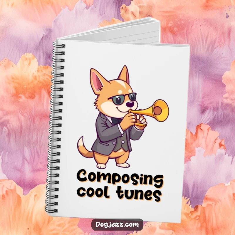 Funny dog trumpet notebook with a dog in a suit playing jazz, perfect for writing music or elegant notes.