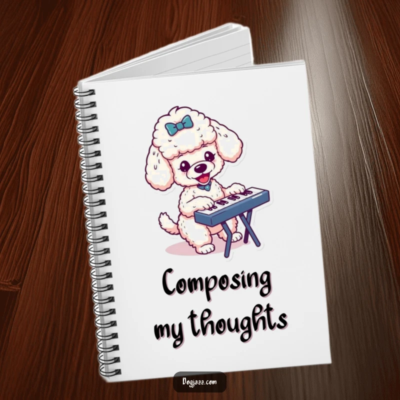Funny notebook with a cover showing an energetic poodle character playing a keyboard, perfect for writing song lyrics or notes.
