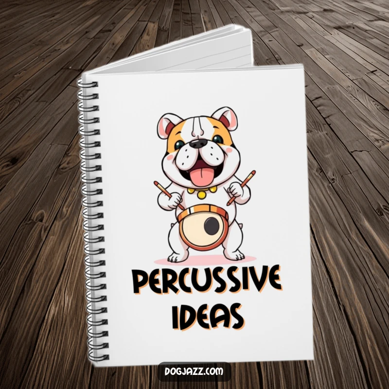 Funny bulldog drummer on a notebook cover, capturing creative energy, a superb funny gift.