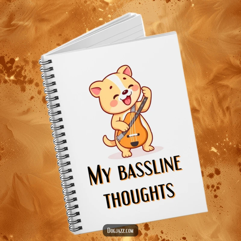 Funny Dog Bass Player Notebook, a happy dog plays a bass guitar, perfect for capturing musical ideas.