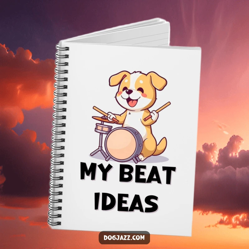 Funny dog energetically playing drums with sticks in paws, a rhythmic muse for notes and inspiration in a notebook.