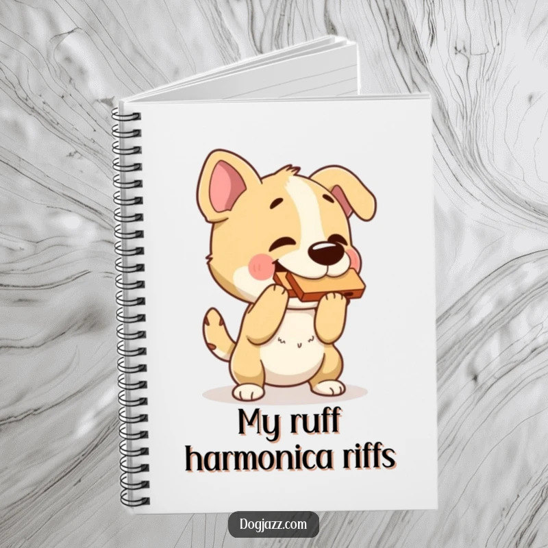 Funny dog notebook with a dog playing a harmonica and bopping its head, ideal for writing lyrics and notes.