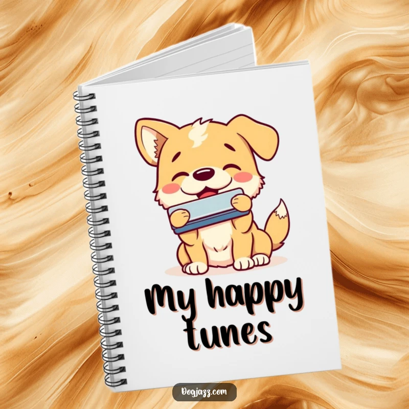 Funny dog notebook with a happy dog enthusiastically playing the harmonica with a smile, ideal for musical notes.