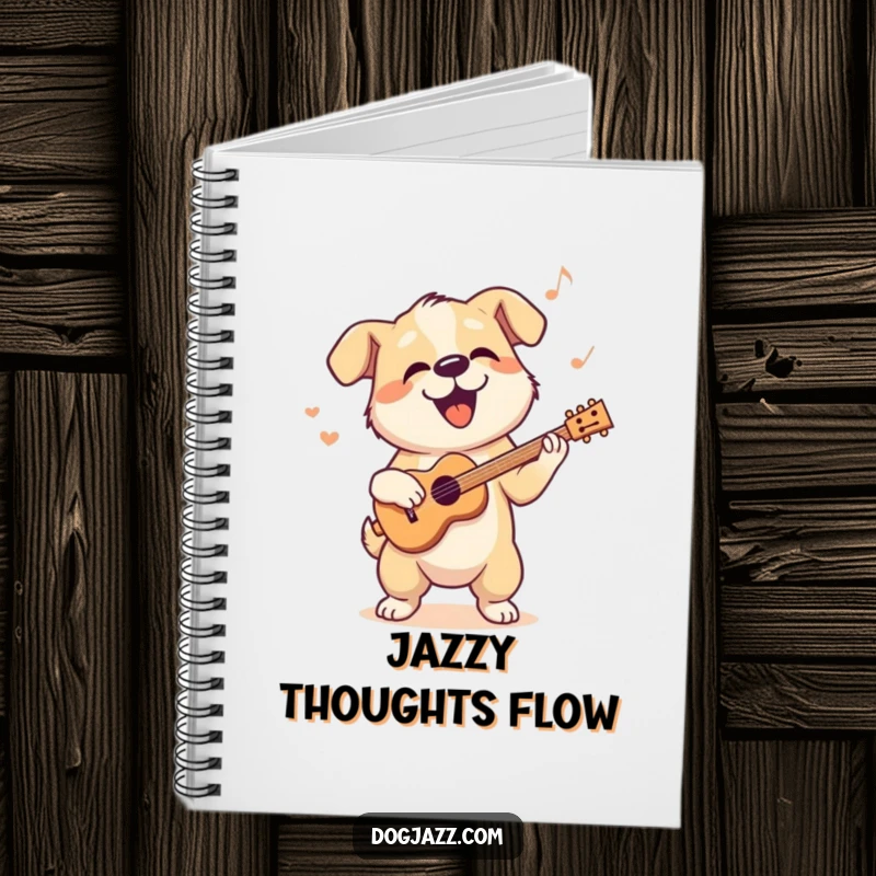 Funny notebook with a dog character bopping its head to a cool jazz rhythm, inspiring music.