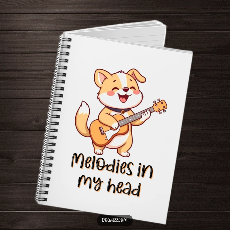 Funny notebook with a cheerful dog character strumming a guitar with a wagging tail, inspiring music.