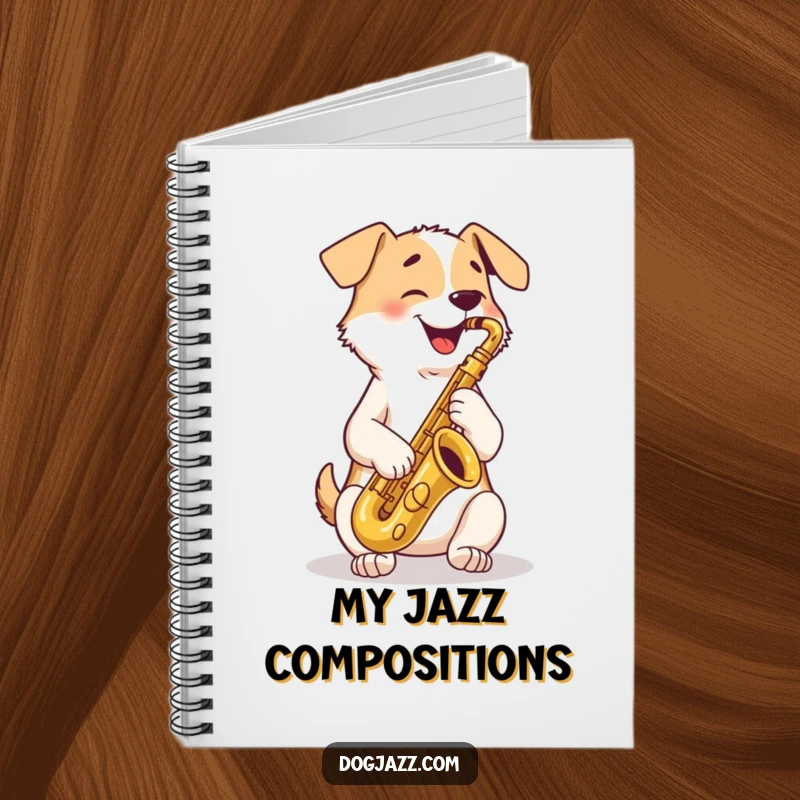 Funny Notebook: a happy dog playing a saxophone, perfect for jotting down musical ideas and doggy thoughts.