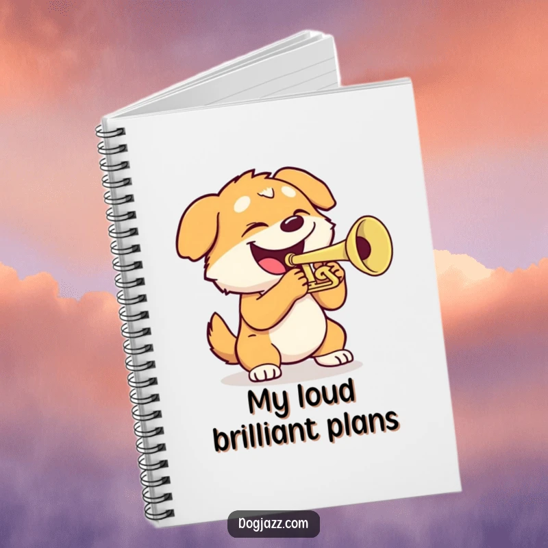 Funny dog notebook with a dog playing a trumpet, perfect for writing music, notes, or journaling with humor.