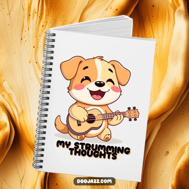 Funny dog strumming a ukulele with a smile, a musical muse for notes and ideas in a notebook.