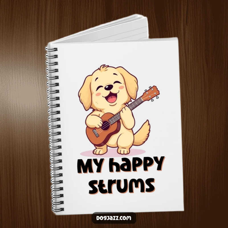 Funny golden retriever playing ukulele on a notebook cover, full of joy, a superb funny gift.