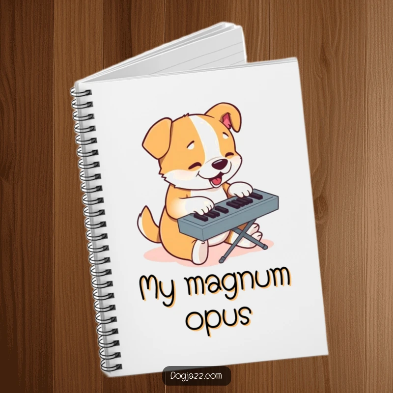 Funny notebook with a determined cartoon dog typing on a keyboard, ready for notes.