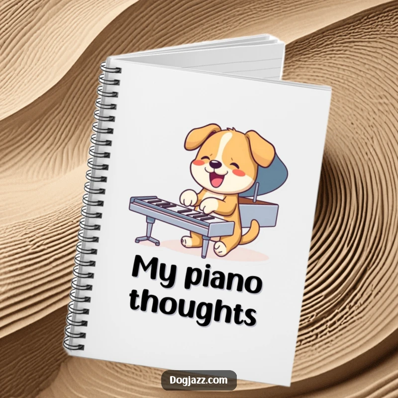 Funny dog playing piano with paws, notebook for musical notation and creative writing.
