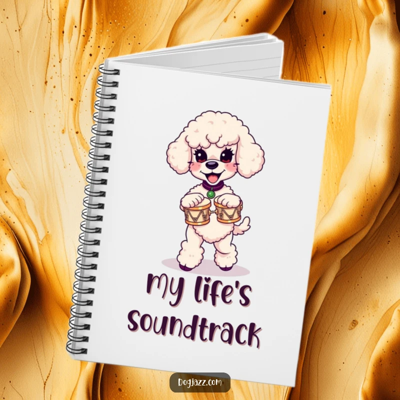 Funny poodle notebook with a poodle dancing and playing miniature bongos, ideal for jotting down notes or song lyrics.