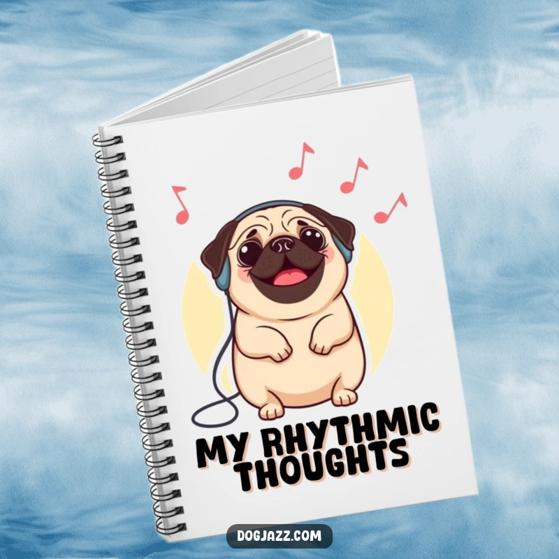 Funny pug notebook featuring a happy pug wearing headphones, nodding to imaginary jazz, ideal for notes and musical ideas.